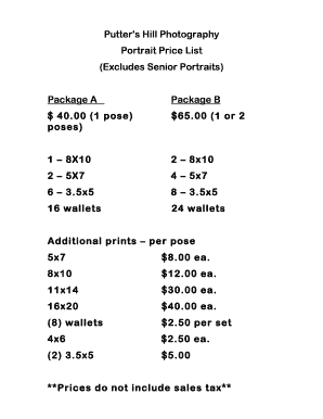 Photography Price List PDF Form