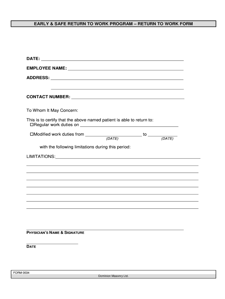 Form 0034 Early & Safe Return to Work Program Employer's Report of Injury or Occupational Disease