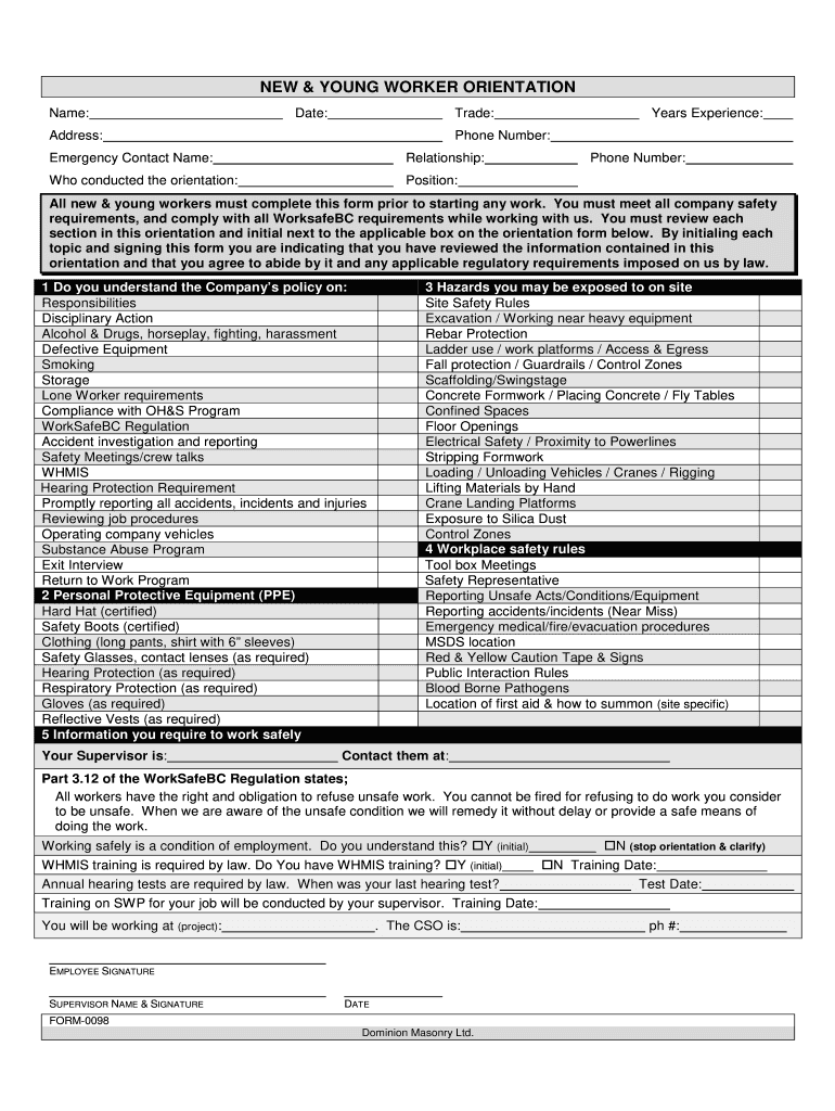 Form 0098  New & Young Worker Orientation by Emp Employer's Report of Injury or Occupational Disease