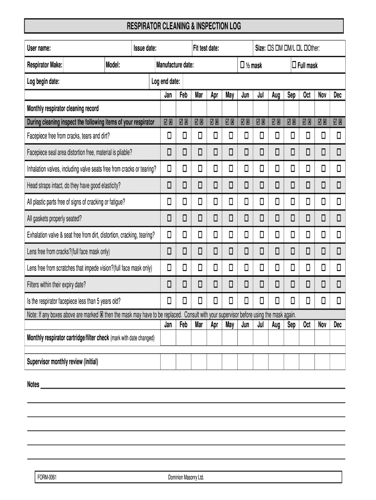 Respirator Cleaning Inspection Log  Form