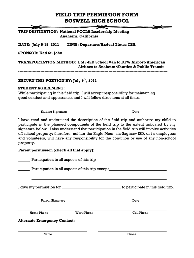 FIELD TRIP PERMISSION FORM  Eagle Mountain Saginaw ISD