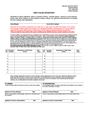 Military High Value Inventory Form