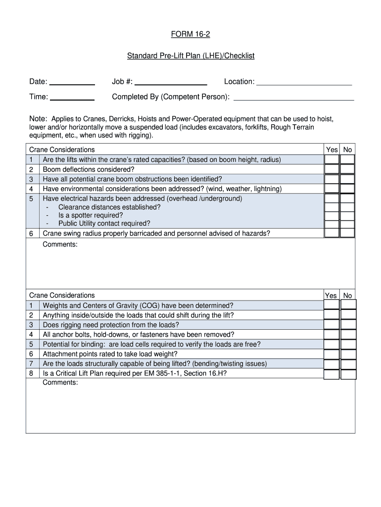 Standard Pre Lift Plan Lhe  Form