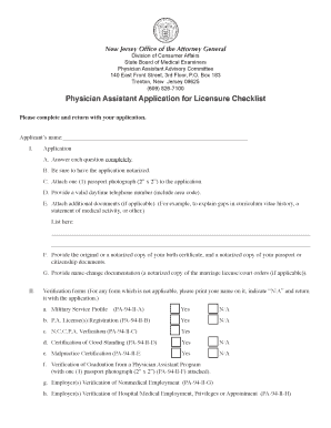  Physician Assistant Application for Licensure New Jersey Division Njconsumeraffairs 2015