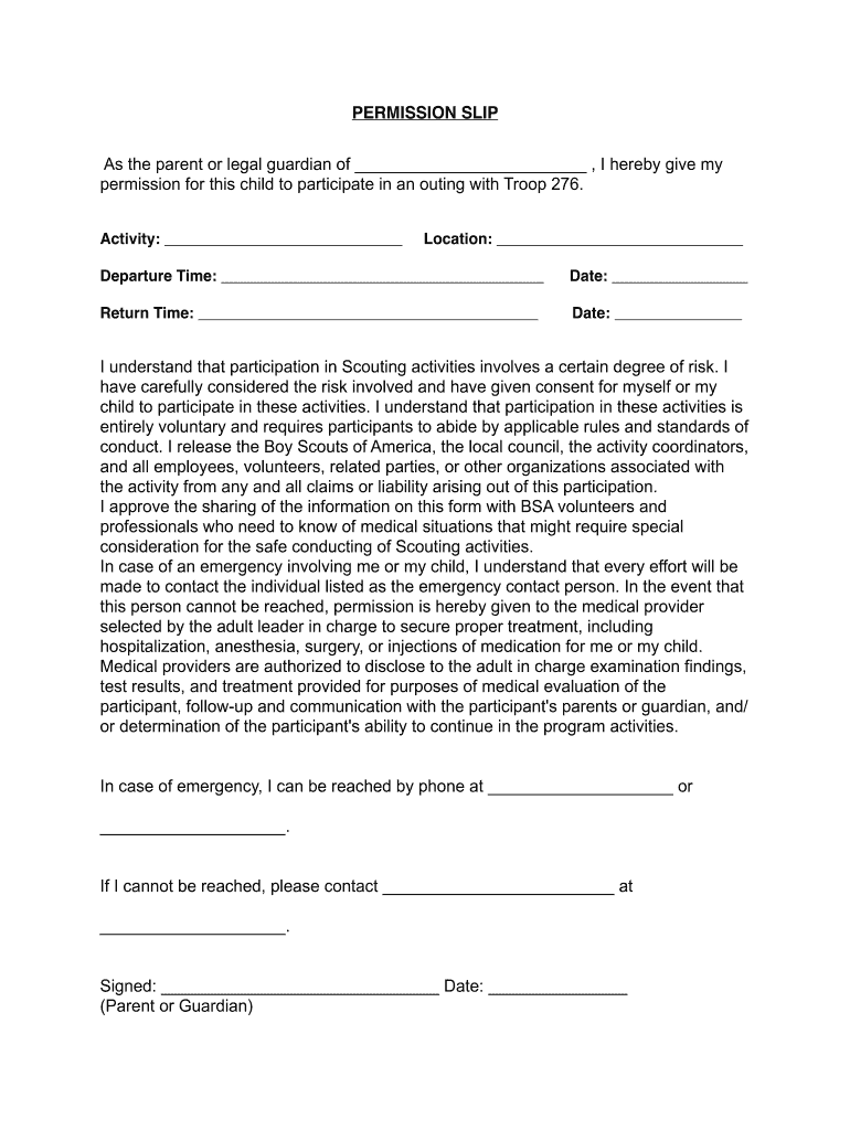 Bsa Permission Slip for Campout  Form