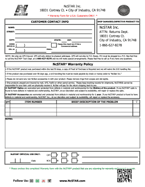 Ncstar Warranty  Form