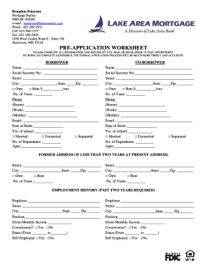 Toll Brothers Pre Application Worksheet  Form