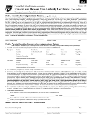 EL3 Florida High School Athletic Association Revised 308 Consent and Release from Liability Certicate Page 1 of 2 This Completed  Form