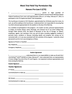 Sophomore Mock Trial Field Trip Permission Slip Jones College Prep  Form