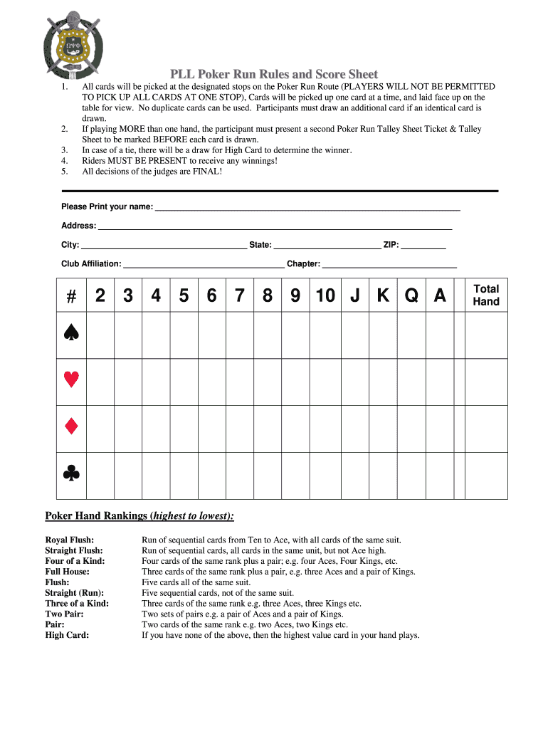 Poker Run Master Sheet  Form