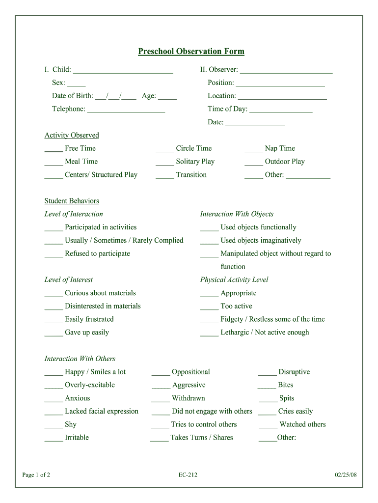  Preschool Observation Form Warren County Schools 2008-2024