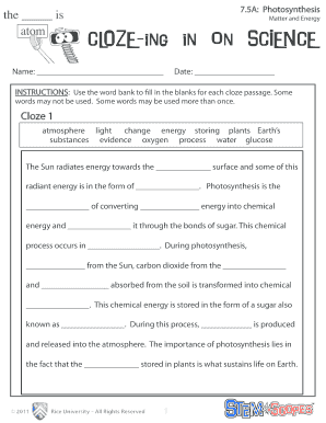 Cloze Ing in on Science Photosynthesis Answers  Form