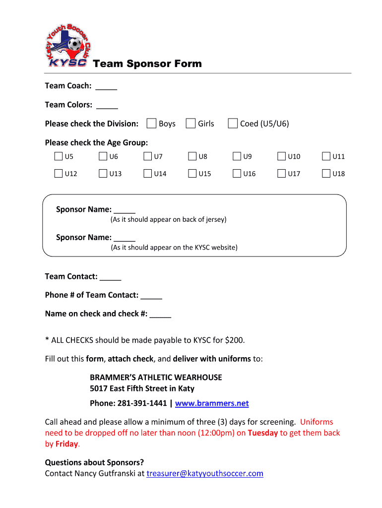 Get and Sign Katy Youth Soccer Sponsor  Form