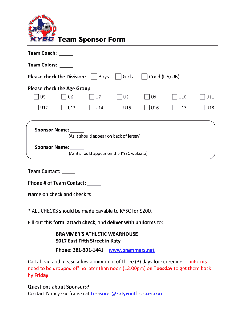 Katy Youth Soccer Sponsor  Form