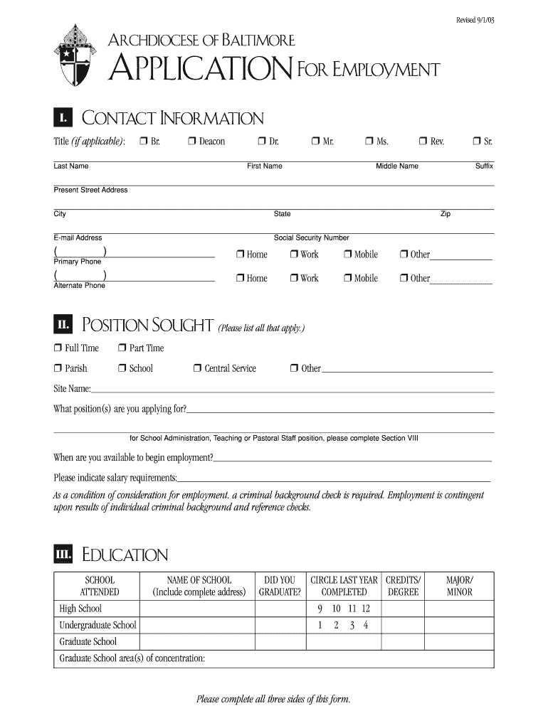  Application for Employment the Archdiocese of Baltimore 2003-2024