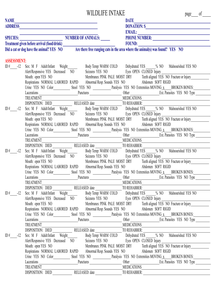 WILDLIFE INTAKE FORM Wildlife Rehabilitators of NC Ncwildliferehab