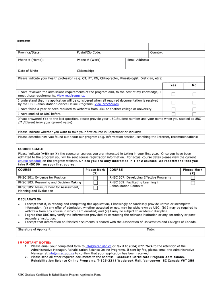  Graduate Certificate in Rehabilitation Program Application Form 2012-2024