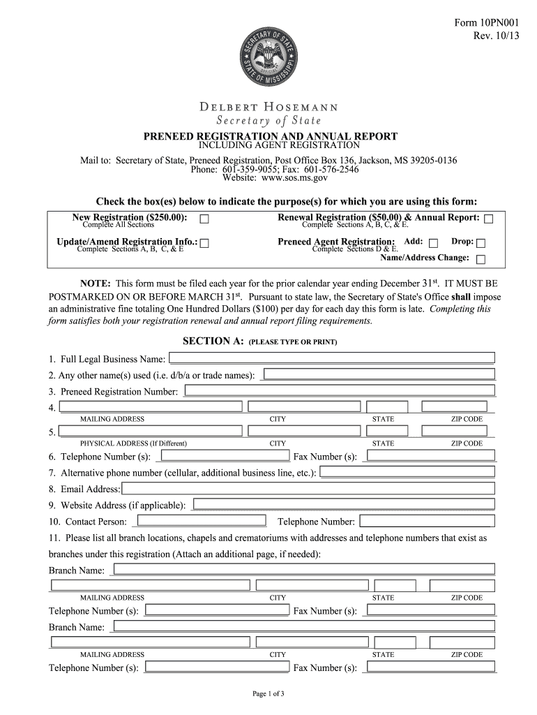 Registration Form  Mississippi Secretary of State  Sos Ms 2013