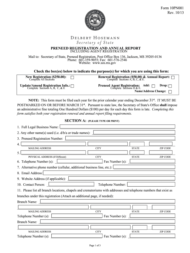  Registration Form  Mississippi Secretary of State  Sos Ms 2013