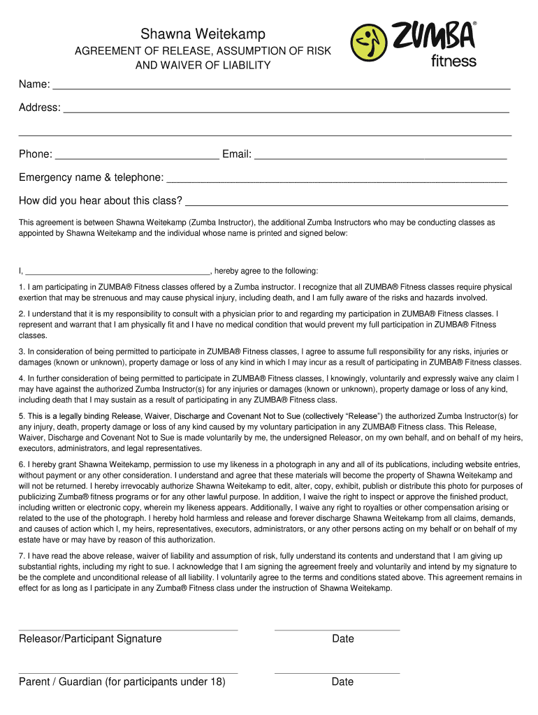 Zumba Waiver Form Fill Out and Sign Printable PDF Template signNow