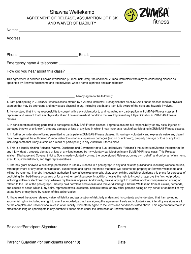 Zumba Waiver Form Template