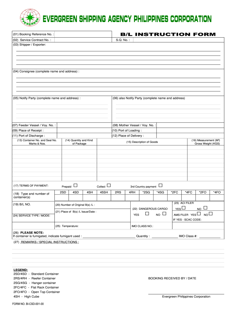 BL INSTRUCTION FORM  Evergreen Shipping Agency Philippines