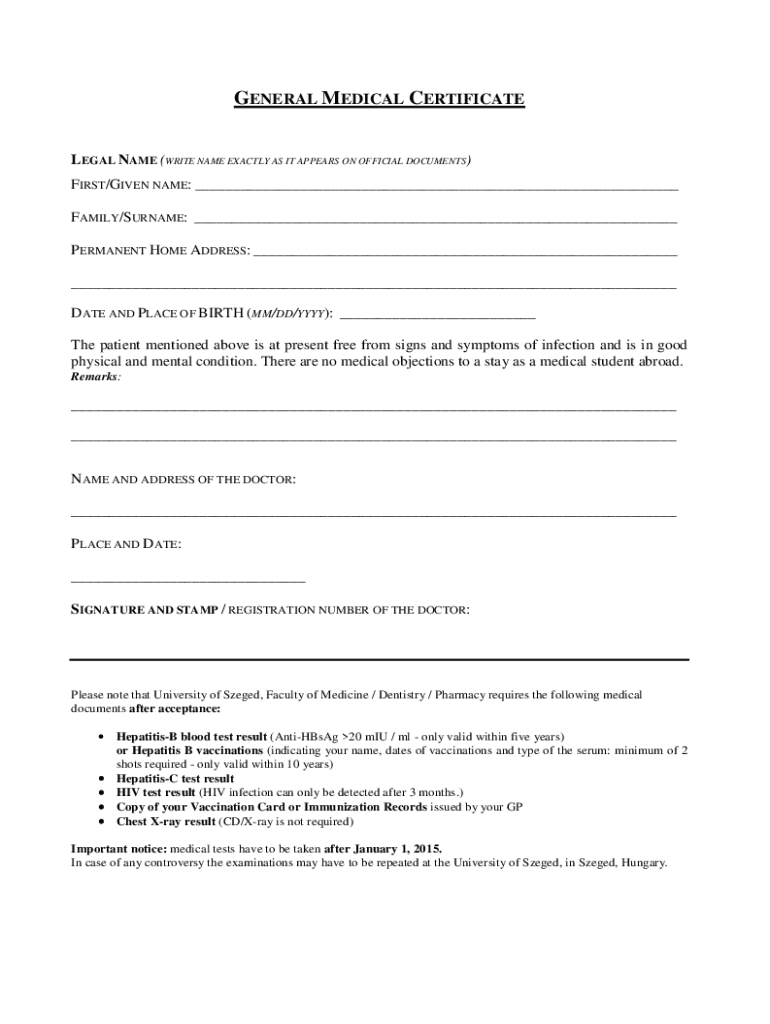 General Health Certificate  Form