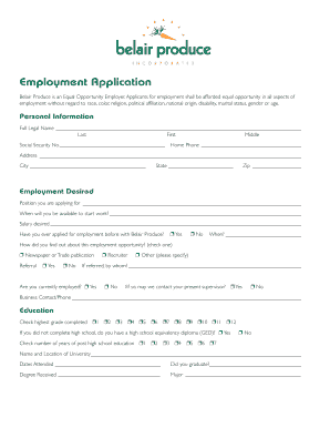 Employment Application Belair Produce  Form