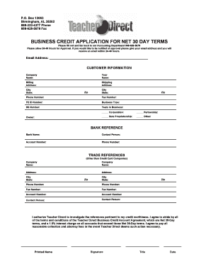 Business Credit Application for Net 30 Day Terms TeacherDirect  Form