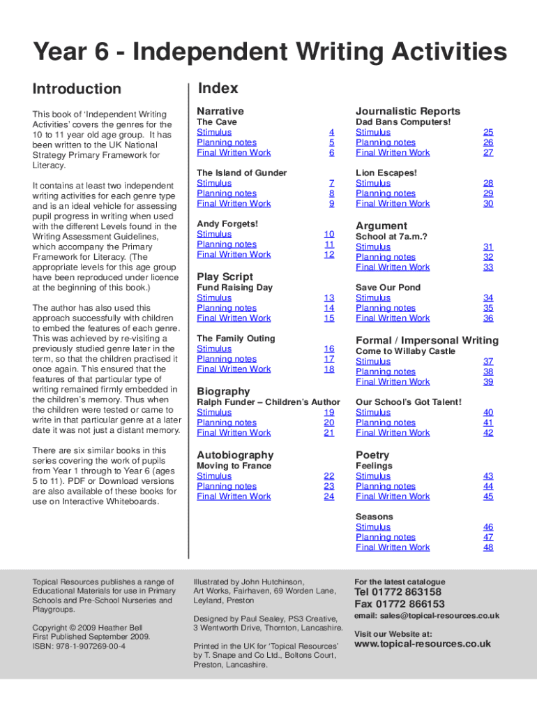 Year 6 Independent Writing Activities PDF  Form