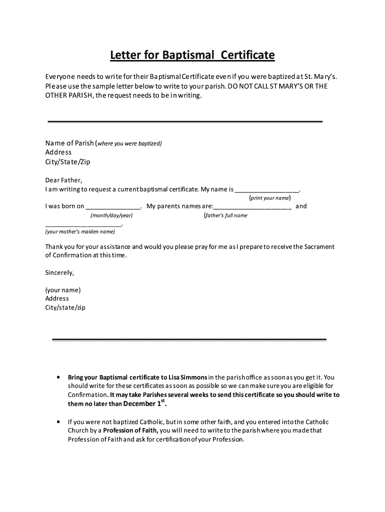 Sample Letter of No Baptismal Certificate  Form