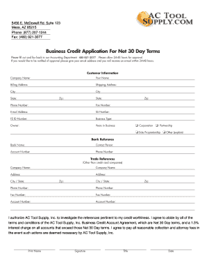 Business Credit Application for Net 30 Day Terms  Form