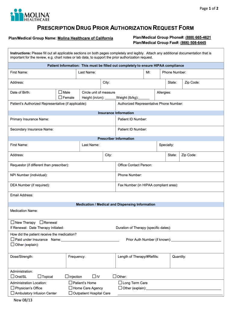  Drug Authorization Form 2013-2024