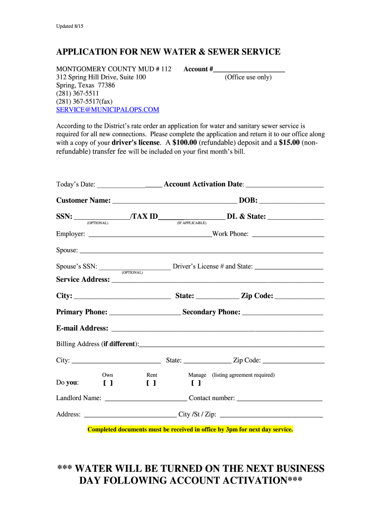 Tx New Water Service  Form