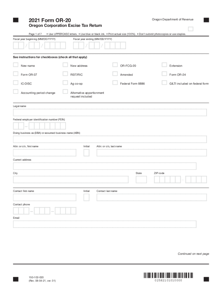 Form or 20, Oregon Corporation Excise Tax Return, 150 102 020 2021