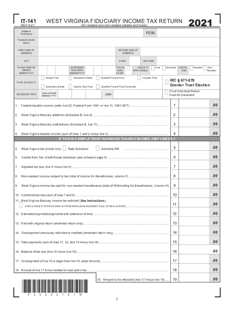  Form it 141qft West Virginia Fiduciary Income Tax Return 2021