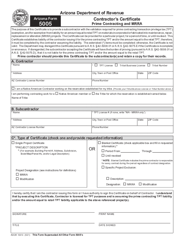 Contractor's CertificateArizona Department of Revenue  Form