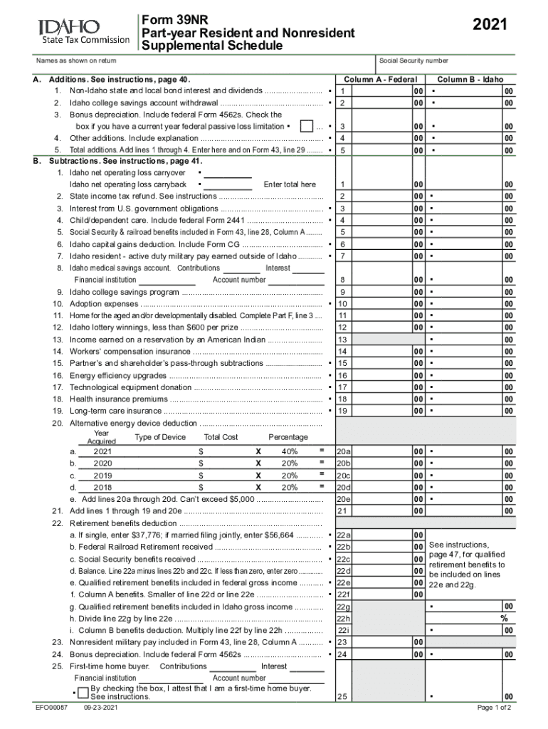  Fillable Online Form 39NR Idaho Supplemental Schedule 2021