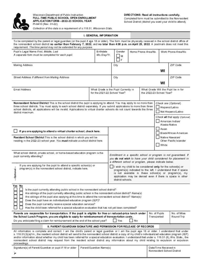 Fillable Online Dpi Wi PI 9410 Open Enrollment Application  Form