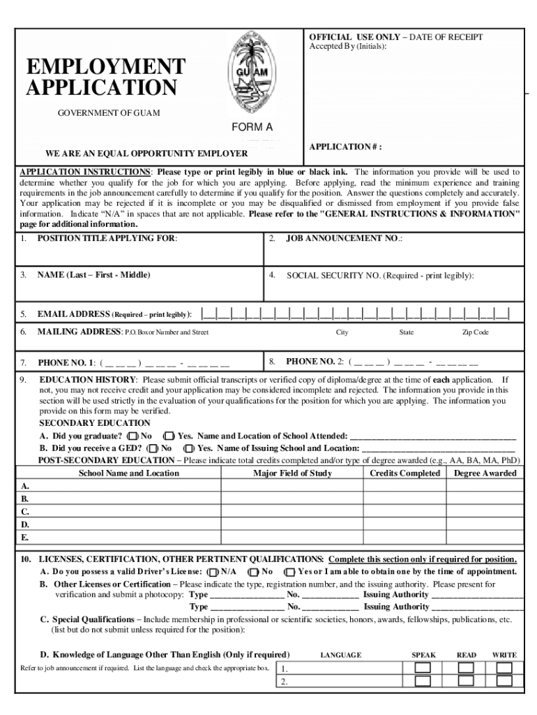  Guam Employment Application 2020-2024