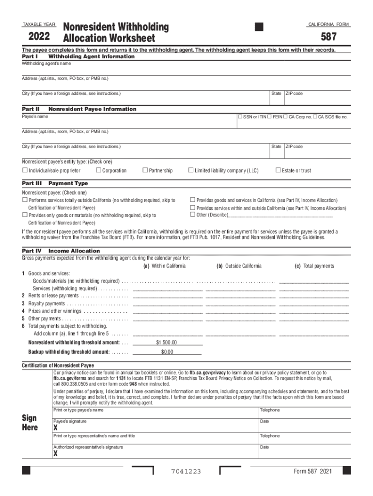  Form 587 Nonresident Withholding Allocation Worksheet , Form 587, Nonresident Withholding Allocation Worksheet 2022-2024