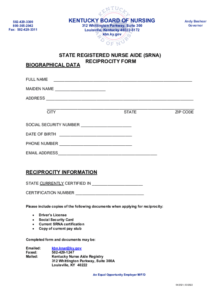  STATE REGISTERED NURSE AIDE SRNA RECIPROCITY 2022-2024