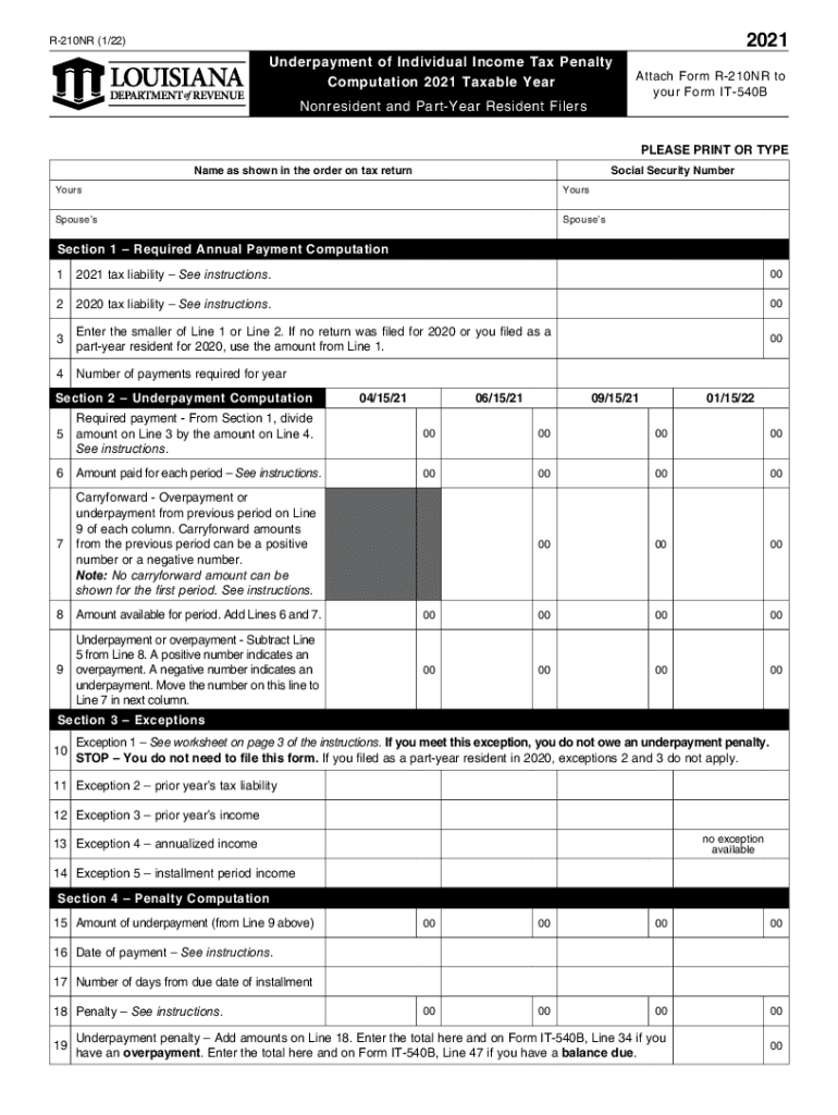  Revenue Louisiana Gov TaxForms 210NRi122Underpayment of Individual Income Revenue Louisiana Gov 2021