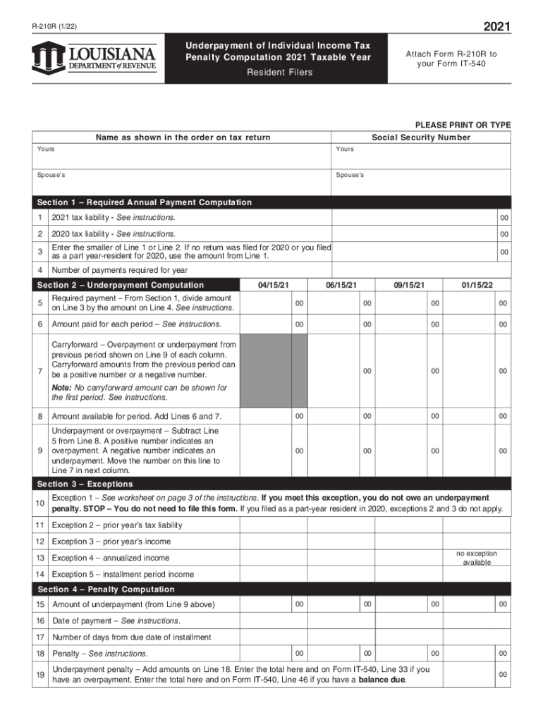  Revenue Louisiana Gov TaxForms 210Ri120FUnderpayment of Individual Income Tax Penalty Louisiana 2021