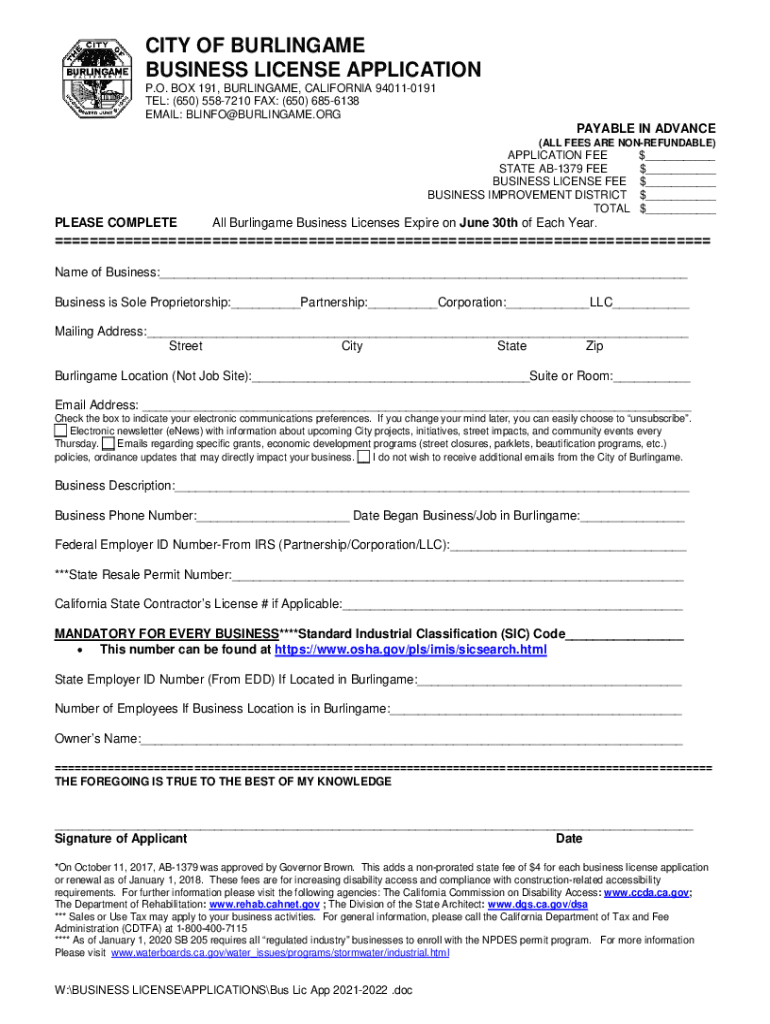  City of Burlingame Business License Fill Online 2021-2024