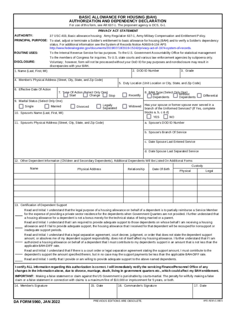 BASIC ALLOWANCE for HOUSING BAH AUTHORIZATION and DEPENDENCY DECLARATION DA FORM 5960, JAN