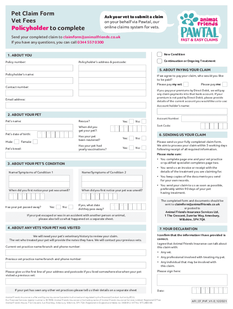  Pet Claim Form Ask Your Vet to Submit a Claim Vet Fees 2021-2024