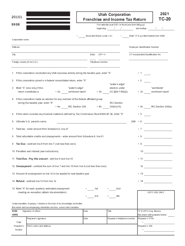  TC 20 Utah Corporation Franchise or Income Tax Return Forms &amp;amp; Publications 2021