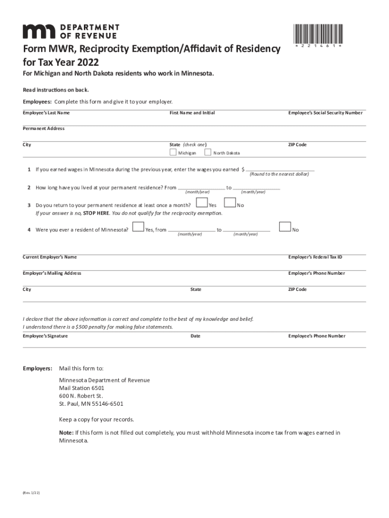  Minnesota Form MWR Reciprocity ExemptionAffidavit of 2022-2024