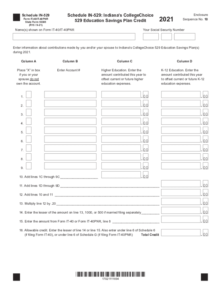  Fillable Online Schedule in 529 Schedule in 529 Indianas 2021